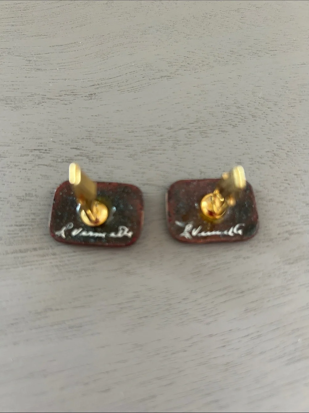 Vintage Mid Century Enamel Red Rectangular Cuff Links, Signed